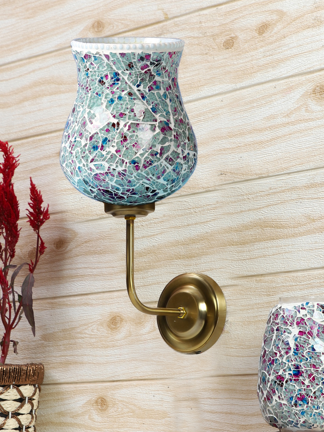 Ambika Home Statement Multicolor Mosaic Glass Wall Mounted Lamp – Gold Finish | Luxury Decorative Wall Light for Living Room, Bedroom, Hallway & Home Décor