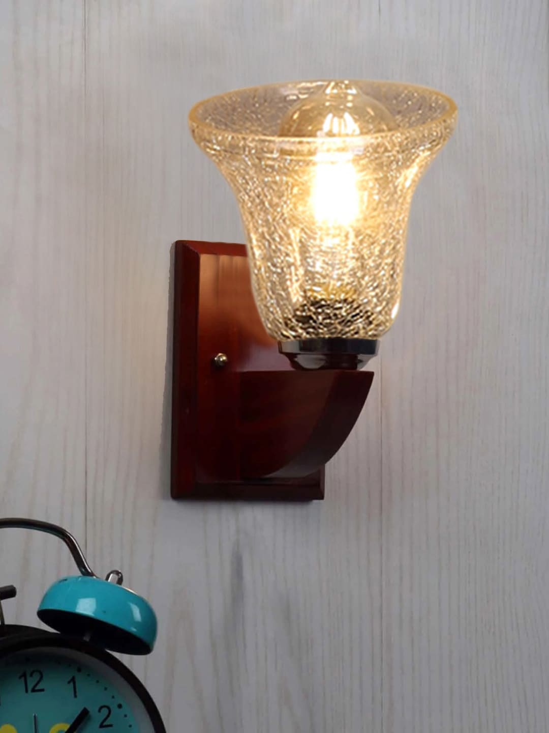 Ambika Home Wooden Wall Lamp with Transparent Crinkle Glass | Modern Wall Light for Living Room Bedroom Hallway Lobby Staircase | Decorative Indoor Wall Sconce