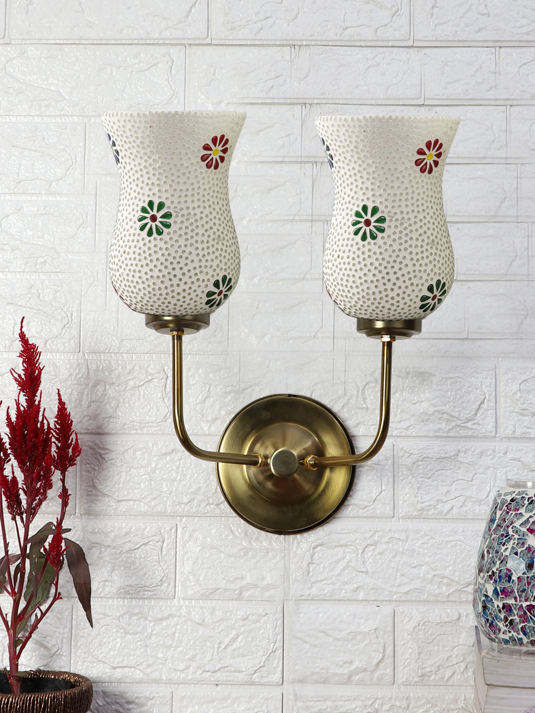 Ambika Home Dual Wall Lamp – Ambient Lighting with Multicolor Mosaic Glass and Gold Finish | Luxury Decorative Wall Light for Living Room, Bedroom, Hallway & Home Décor