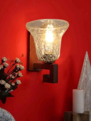 Ambika Home Wooden Wall Lamp with Transparent Crinkle Glass | Modern Wall Light for Living Room Bedroom Hallway Lobby Staircase | Decorative Indoor Wall Sconce