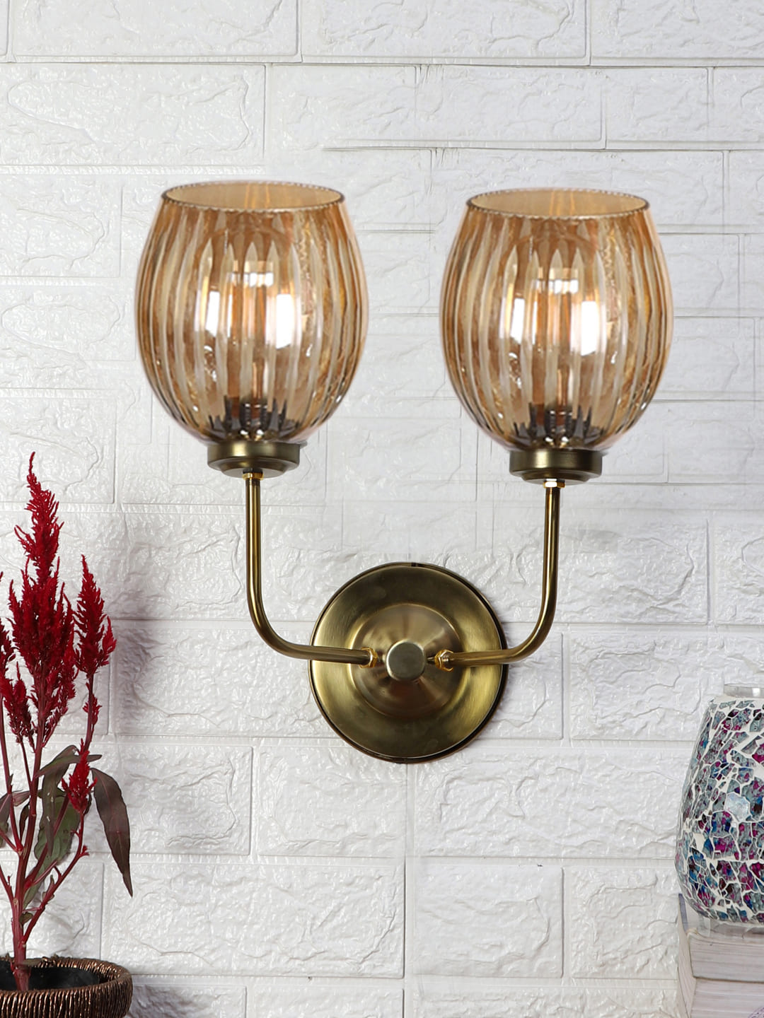 Ambika Home Dual Wall mounted Gold lamp with Diamond Cut Smoke Glass | Modern Wall Light for Living Room Bedroom Hallway Lobby Staircase | Decorative Indoor Wall Sconce