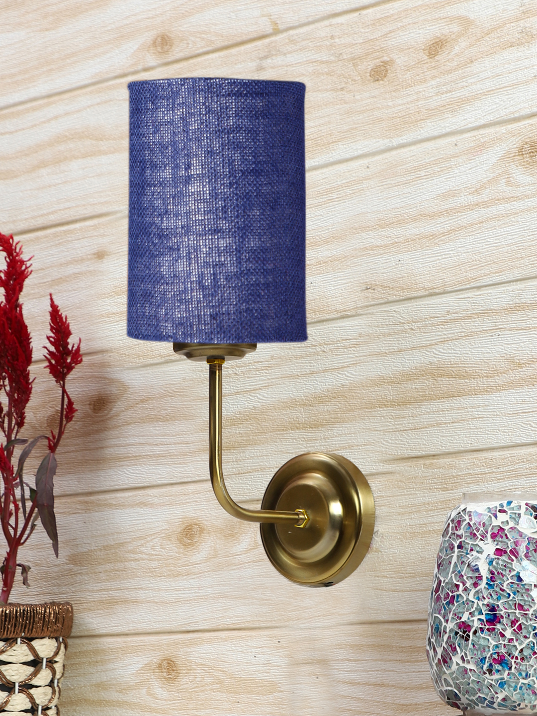 Ambika Home Classic Blue Jute Wall Mounted Lamp with Gold Base for Bedroom & Study | Luxury Decorative Wall Light for Living Room, Bedroom, Hallway & Home Décor