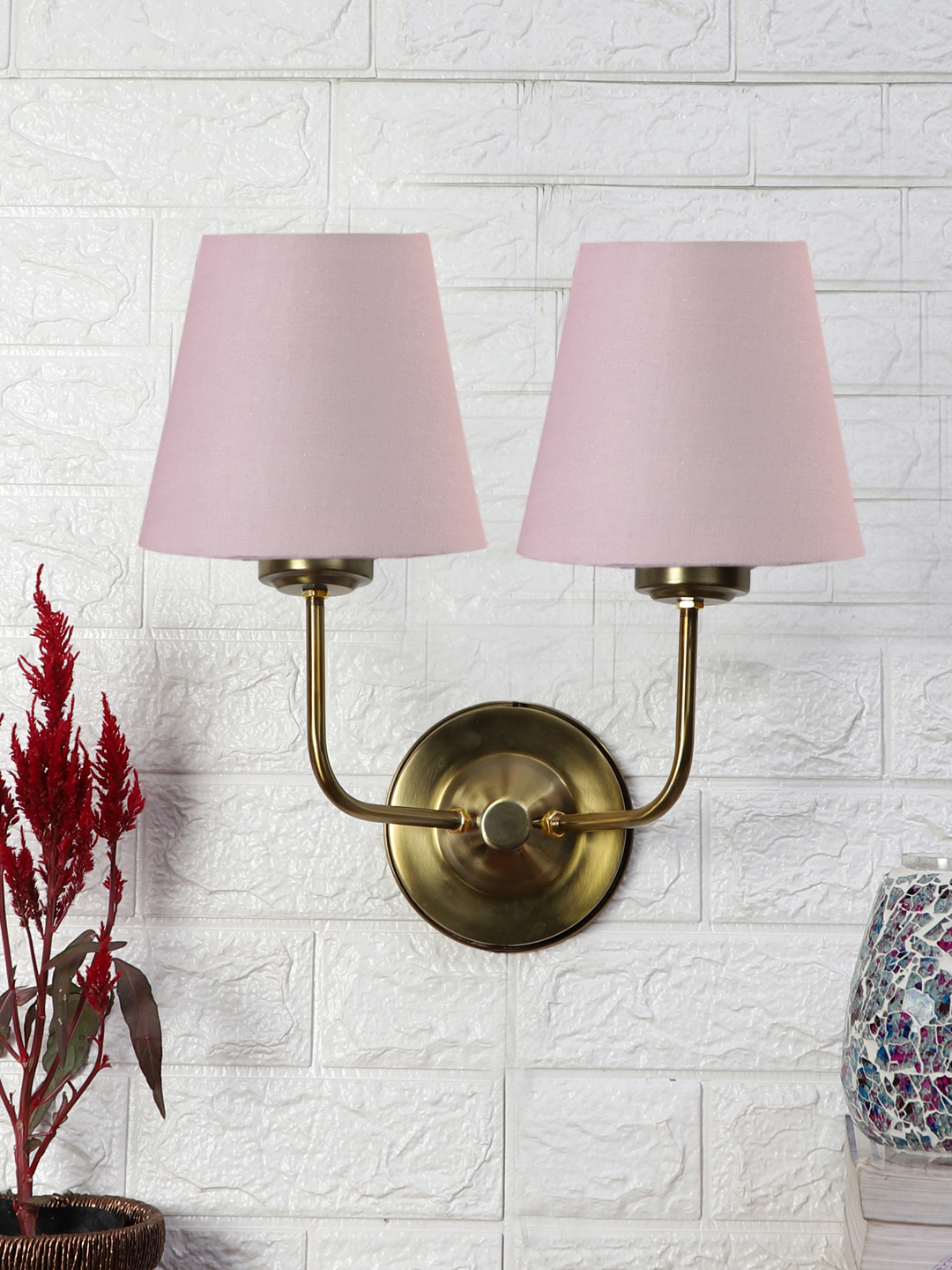 Ambika Home Dual Grey Cotton Conical Shade Wall Mounted Lamp with Gold Metal Base for Bedroom & Living Room | Luxury Decorative Wall Light for Living Room, Bedroom, Hallway & Home Décor
