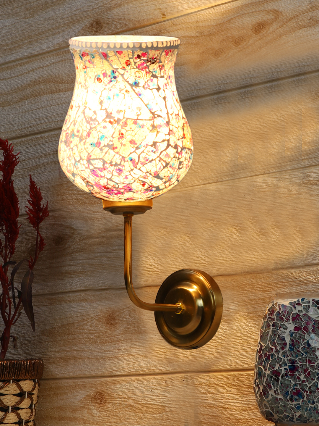 Ambika Home Statement Multicolor Mosaic Glass Wall Mounted Lamp – Gold Finish | Luxury Decorative Wall Light for Living Room, Bedroom, Hallway & Home Décor - Image 2