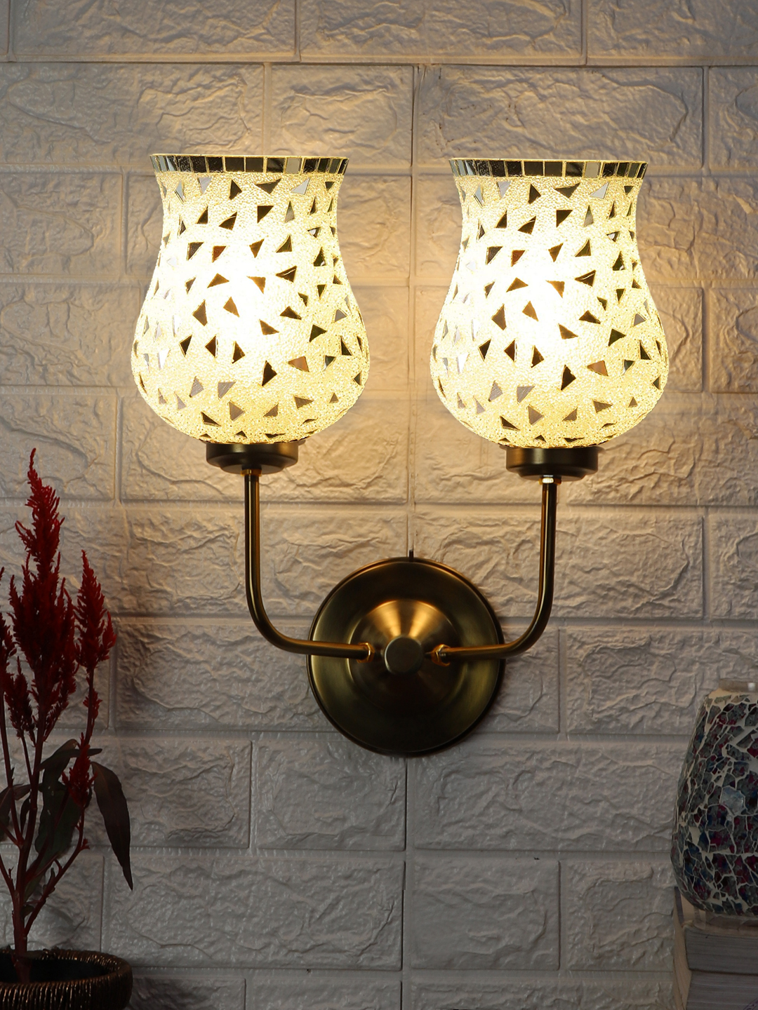 Ambika Home Dual Wall Lamp – Handcrafted Colorful Mosaic Glass with Premium Gold Base | Luxury Decorative Wall Light for Living Room, Bedroom, Hallway & Home Décor - Image 2