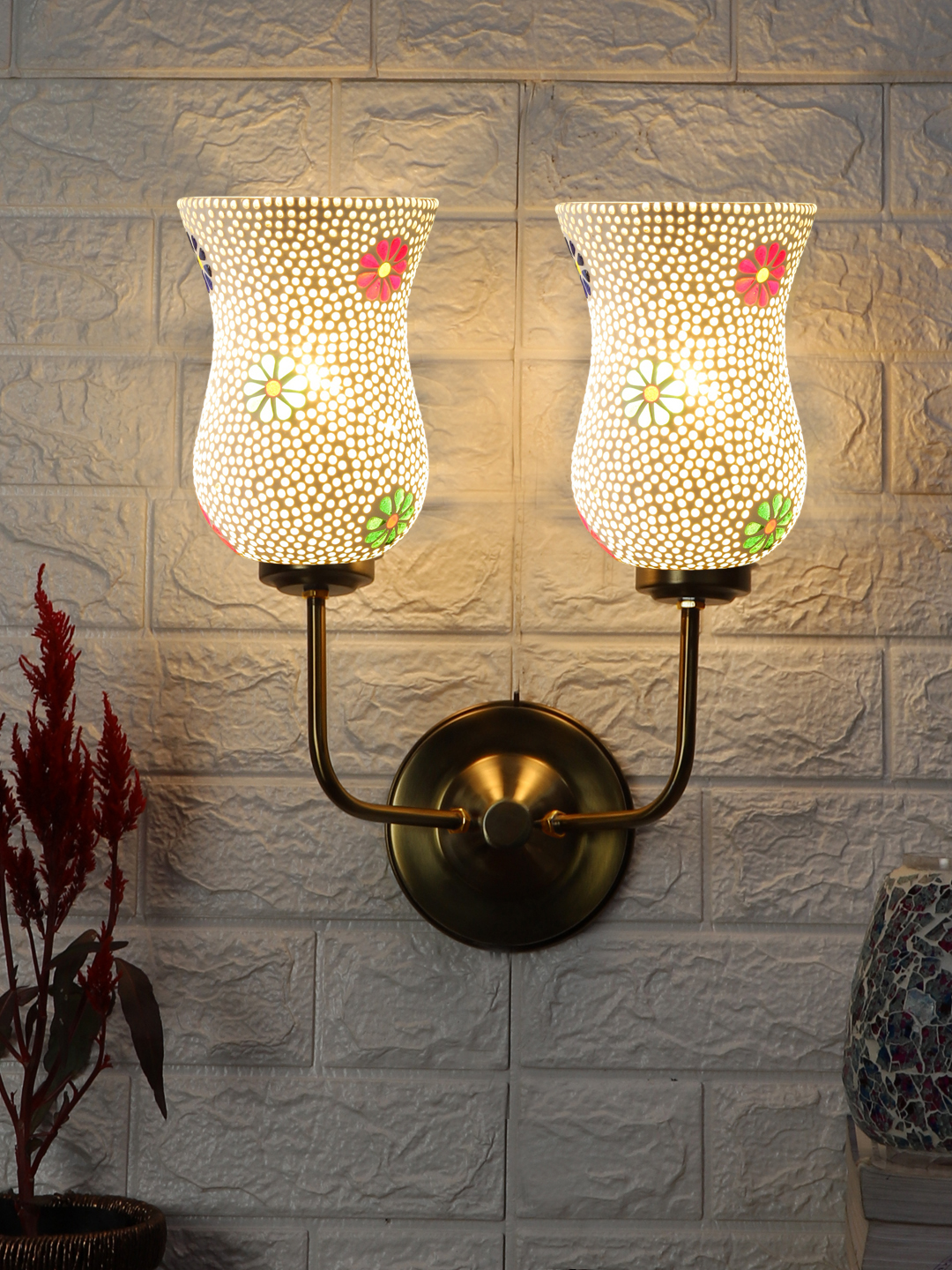 Ambika Home Dual Wall Lamp – Ambient Lighting with Multicolor Mosaic Glass and Gold Finish | Luxury Decorative Wall Light for Living Room, Bedroom, Hallway & Home Décor - Image 2