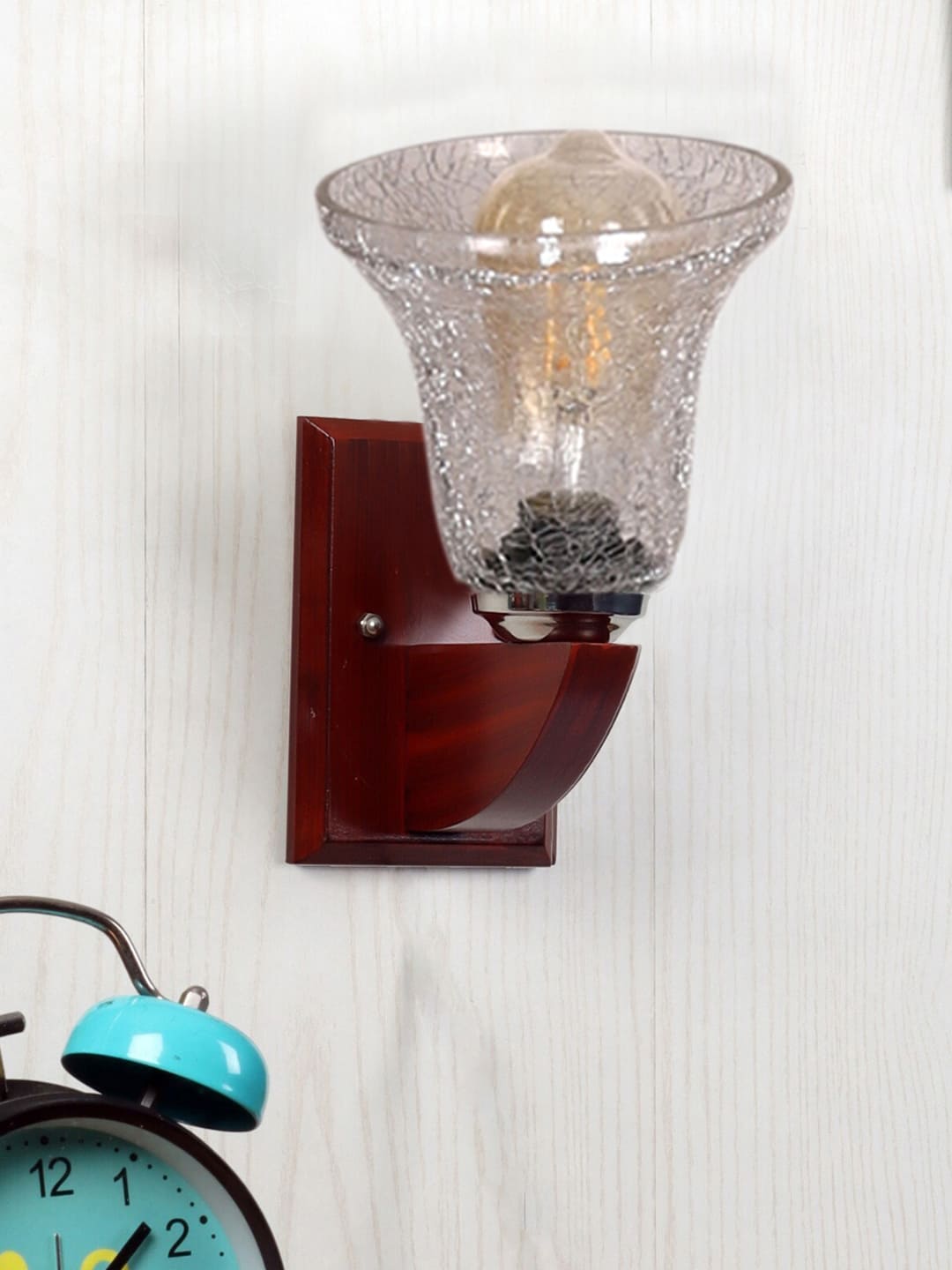 Ambika Home Wooden Wall Lamp with Transparent Crinkle Glass | Modern Wall Light for Living Room Bedroom Hallway Lobby Staircase | Decorative Indoor Wall Sconce - Image 5