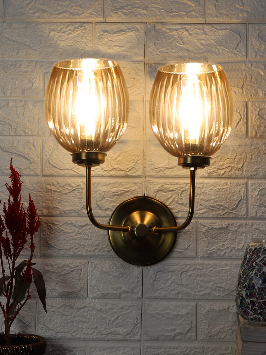 Ambika Home Dual Wall mounted Gold lamp with Diamond Cut Smoke Glass | Modern Wall Light for Living Room Bedroom Hallway Lobby Staircase | Decorative Indoor Wall Sconce - Image 7