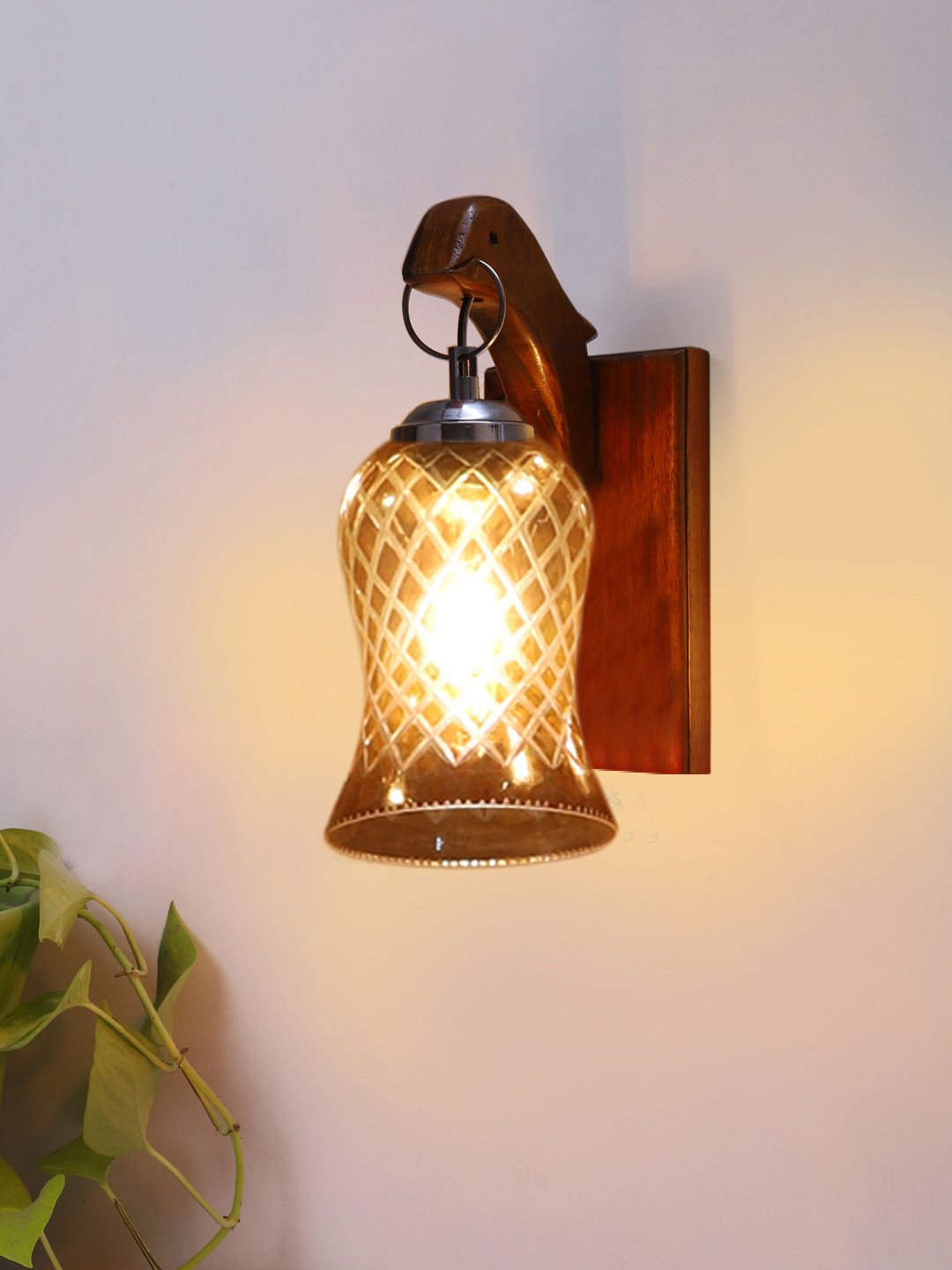 Ambika Home Wooden Wall Lamp with Amber Smoke Glass | Modern Wall Light for Living Room Bedroom Hallway Lobby Staircase | Decorative Indoor Wall Sconce - Image 4