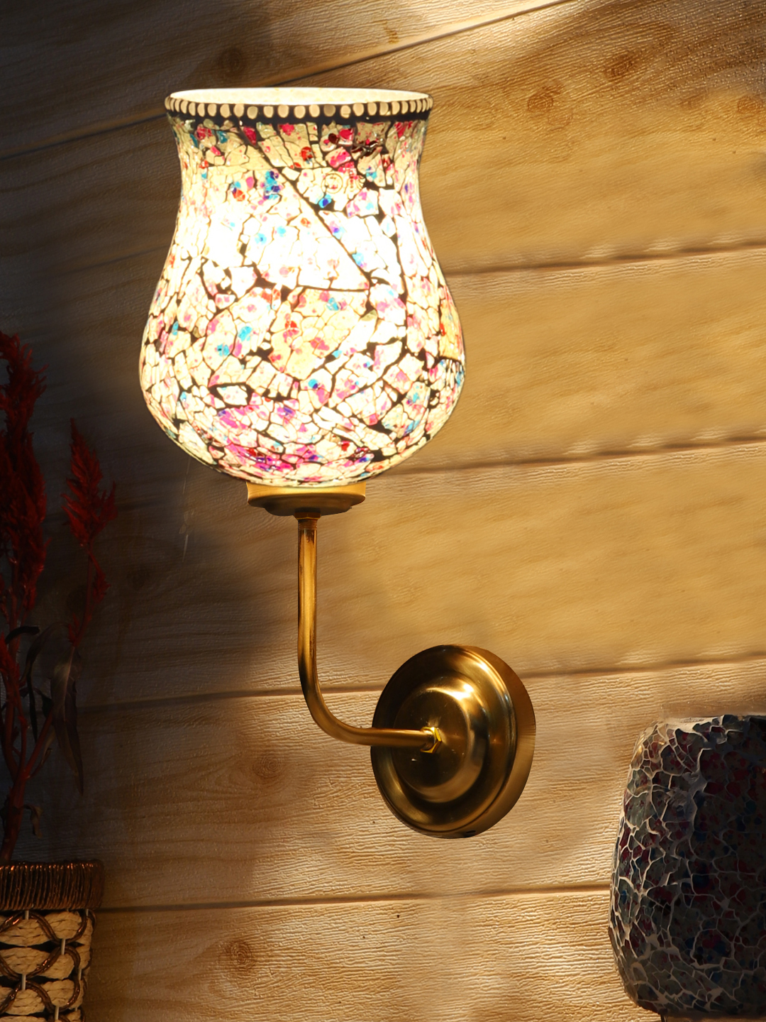 Ambika Home Statement Multicolor Mosaic Glass Wall Mounted Lamp – Gold Finish | Luxury Decorative Wall Light for Living Room, Bedroom, Hallway & Home Décor - Image 3
