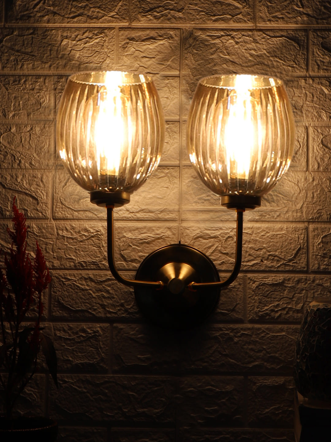 Ambika Home Dual Wall mounted Gold lamp with Diamond Cut Smoke Glass | Modern Wall Light for Living Room Bedroom Hallway Lobby Staircase | Decorative Indoor Wall Sconce - Image 6