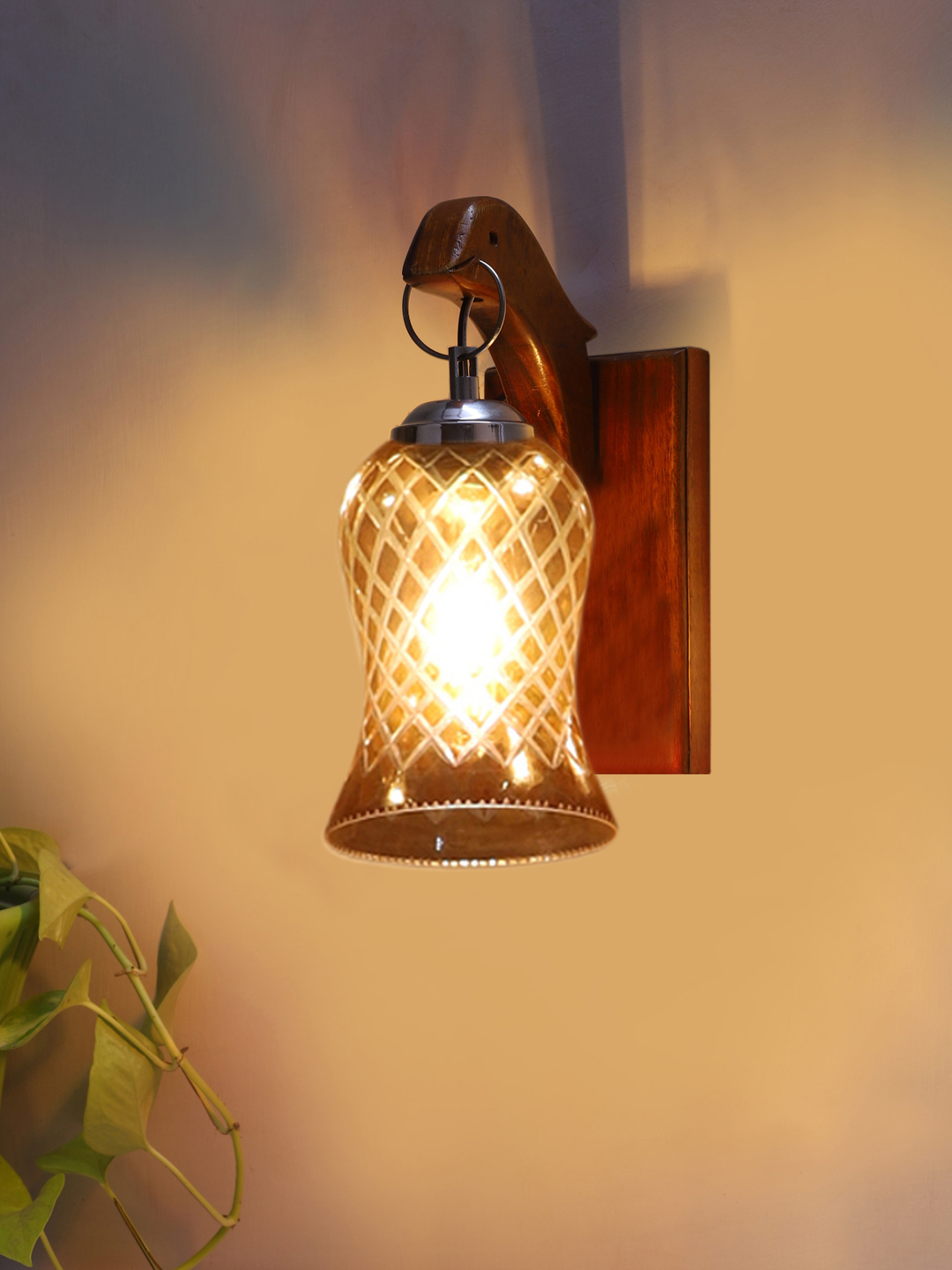 Ambika Home Wooden Wall Lamp with Amber Smoke Glass | Modern Wall Light for Living Room Bedroom Hallway Lobby Staircase | Decorative Indoor Wall Sconce - Image 3