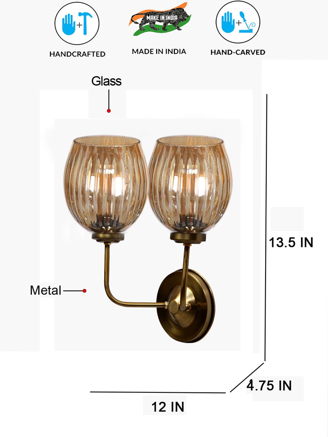 Ambika Home Dual Wall mounted Gold lamp with Diamond Cut Smoke Glass | Modern Wall Light for Living Room Bedroom Hallway Lobby Staircase | Decorative Indoor Wall Sconce - Image 5