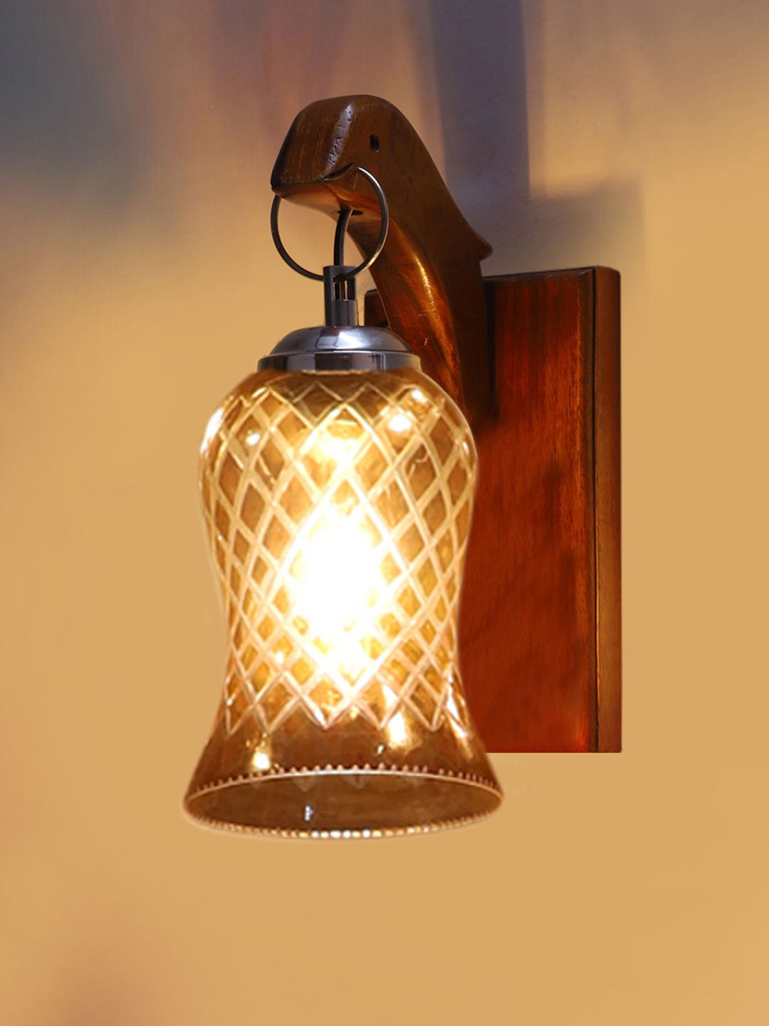 Ambika Home Wooden Wall Lamp with Amber Smoke Glass | Modern Wall Light for Living Room Bedroom Hallway Lobby Staircase | Decorative Indoor Wall Sconce - Image 5