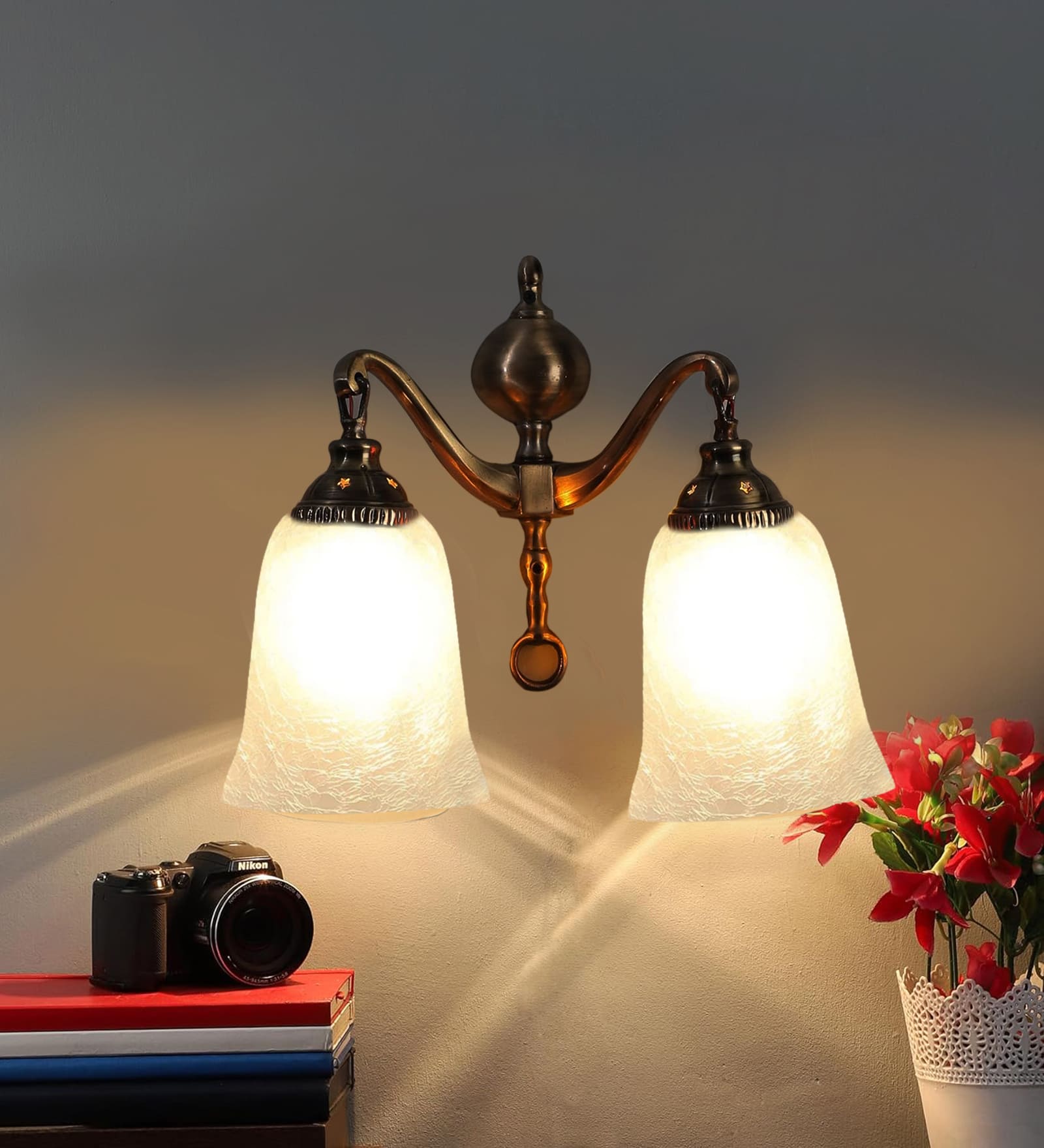 Ambika Home Dual Wall mounted Antique Gold lamp with White Milky Crinkle Glass | Modern Wall Light for Living Room Bedroom Hallway Lobby Staircase | Decorative Indoor Wall Sconce - Image 7