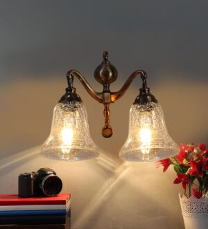 Ambika Home Dual Wall mounted Antique Gold lamp with Transparent Crinkle Glass | Modern Wall Light for Living Room Bedroom Hallway Lobby Staircase | Decorative Indoor Wall Sconce