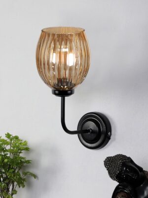 Ambika Home Black wall mounted lamp with Diamond Cut Smoke Glass | Modern Wall Light for Living Room Bedroom Hallway Lobby Staircase | Decorative Indoor Wall Sconce