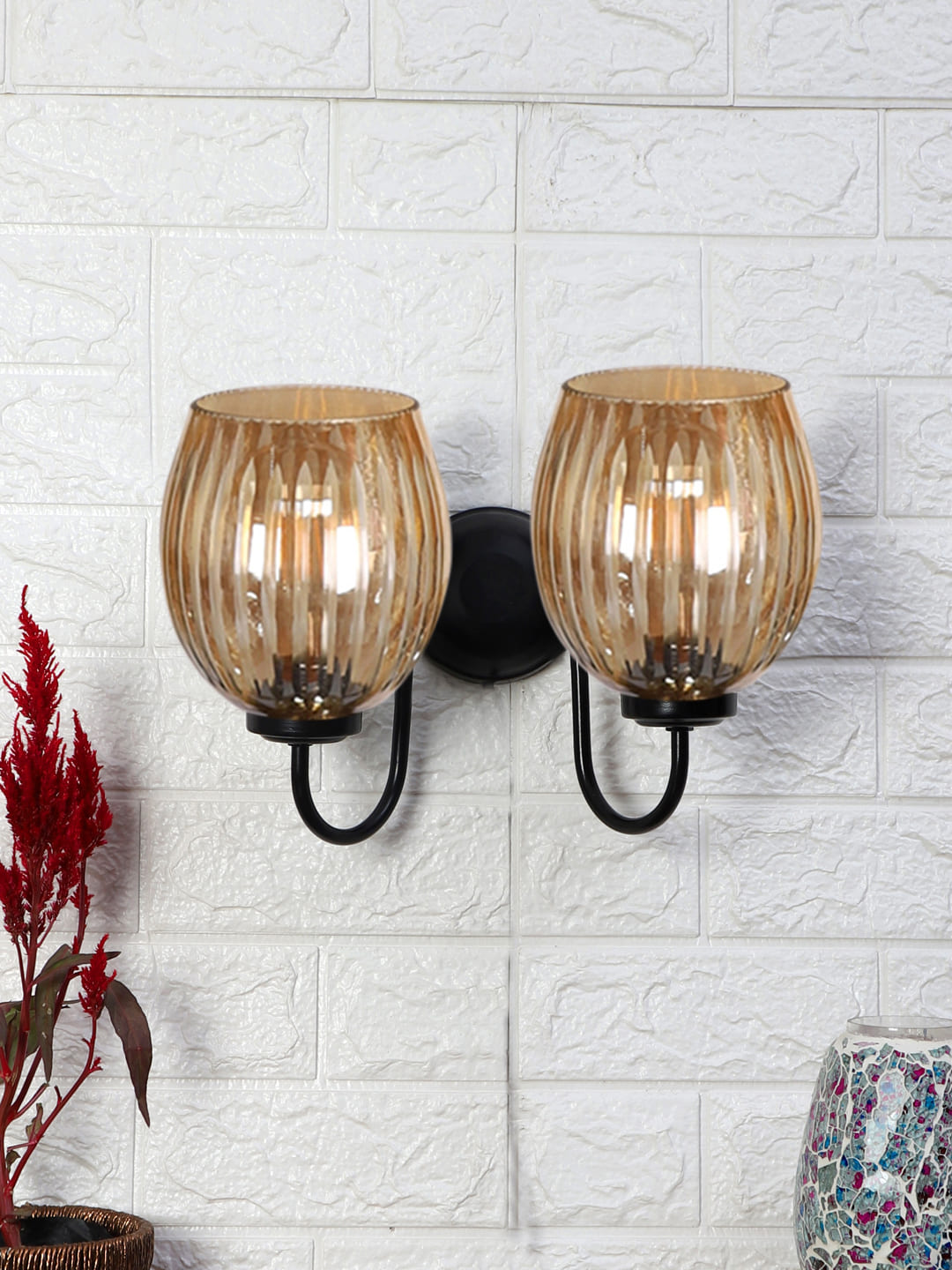 Ambika Home Dual Wall mounted Black lamp with Diamond Cut Smoke Glass | Modern Wall Light for Living Room Bedroom Hallway Lobby Staircase | Decorative Indoor Wall Sconce