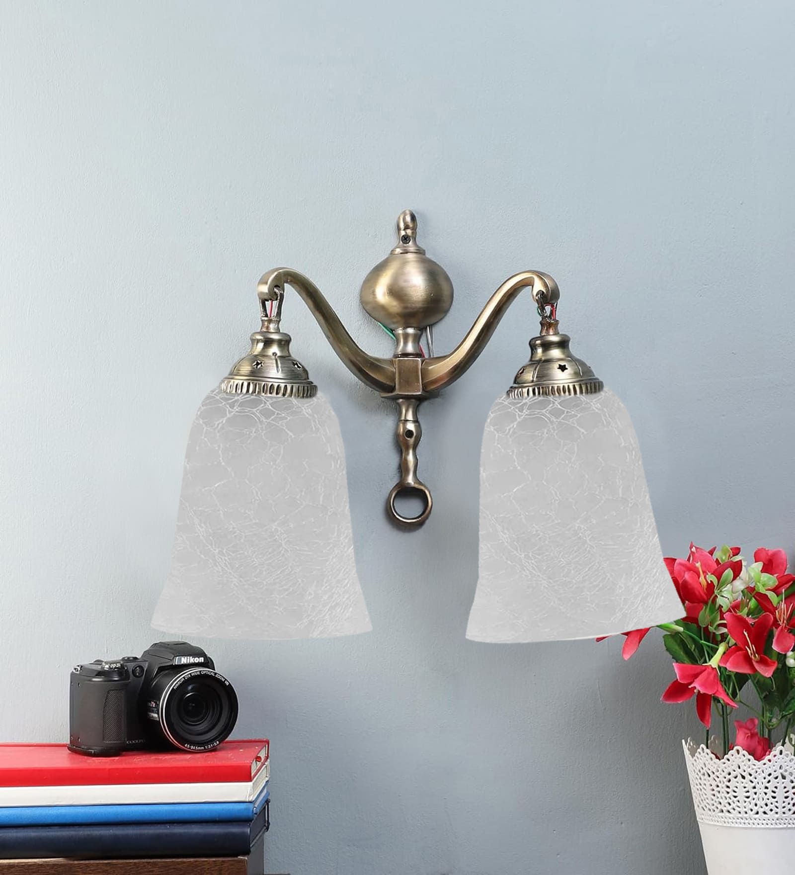 Ambika Home Dual Wall mounted Antique Gold lamp with White Milky Crinkle Glass | Modern Wall Light for Living Room Bedroom Hallway Lobby Staircase | Decorative Indoor Wall Sconce - Image 6