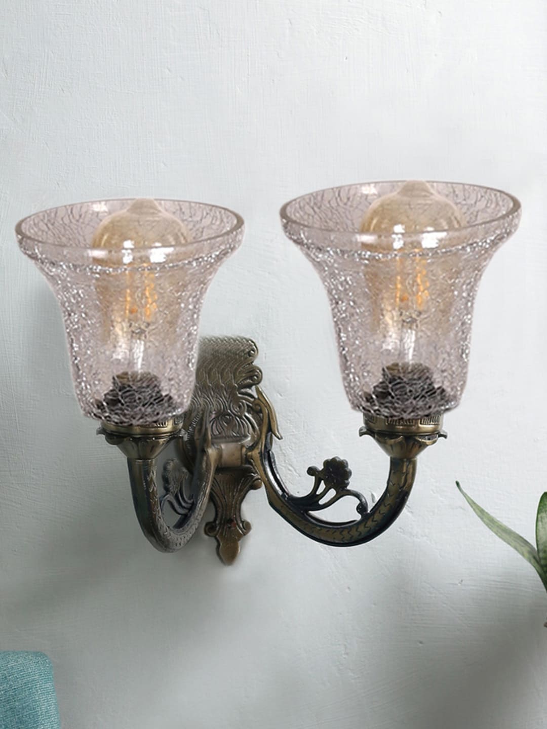 Ambika Home Dual Wall mounted Antique Gold lamp with Transparent Crinkle Glass | Modern Wall Light for Living Room Bedroom Hallway Lobby Staircase | Decorative Indoor Wall Sconce - Image 3