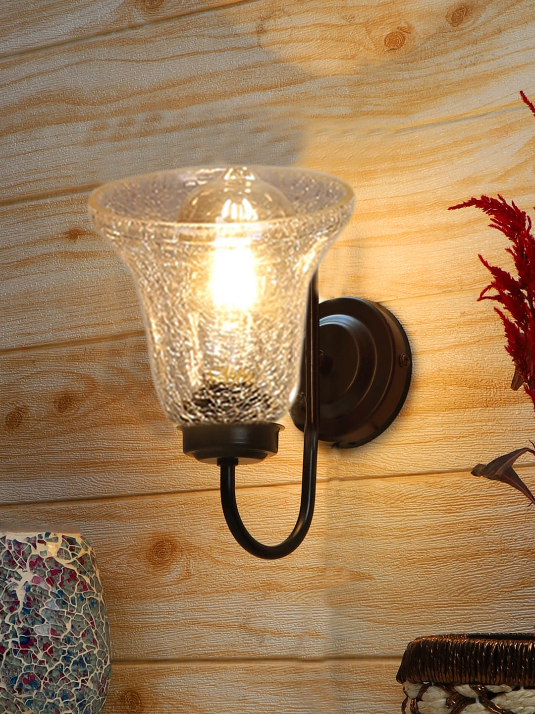 Ambika Home Black wall mounted lamp with Transparent Crinkle Glass | Modern Wall Light for Living Room Bedroom Hallway Lobby Staircase | Decorative Indoor Wall Sconce - Image 9