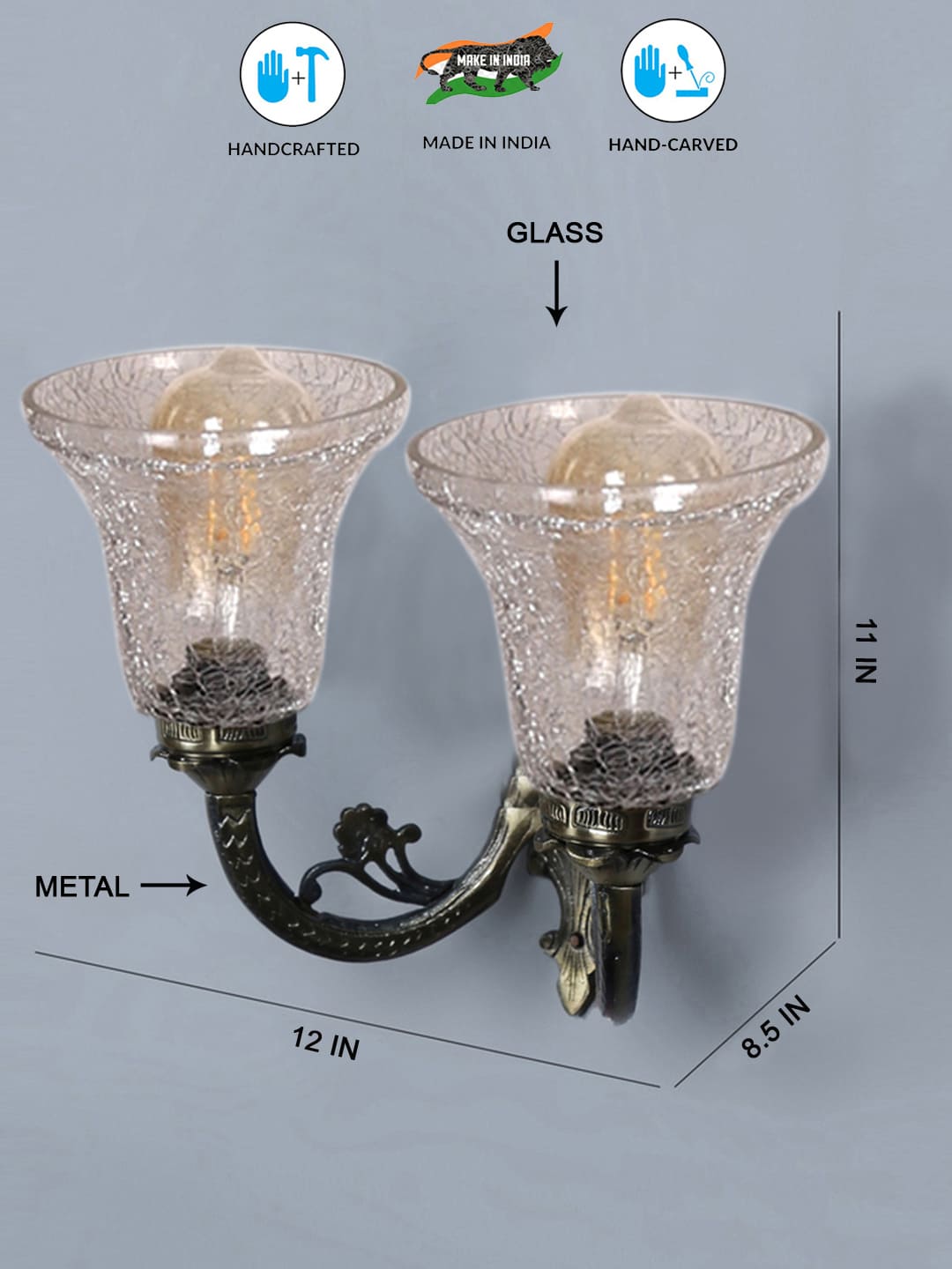 Ambika Home Dual Wall mounted Antique Gold lamp with Transparent Crinkle Glass | Modern Wall Light for Living Room Bedroom Hallway Lobby Staircase | Decorative Indoor Wall Sconce - Image 5