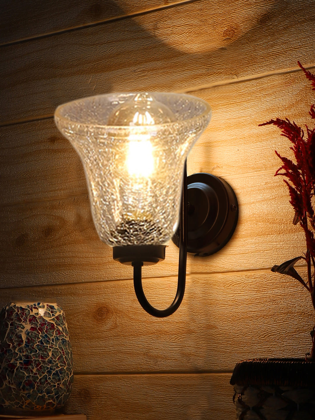 Ambika Home Black wall mounted lamp with Transparent Crinkle Glass | Modern Wall Light for Living Room Bedroom Hallway Lobby Staircase | Decorative Indoor Wall Sconce - Image 8