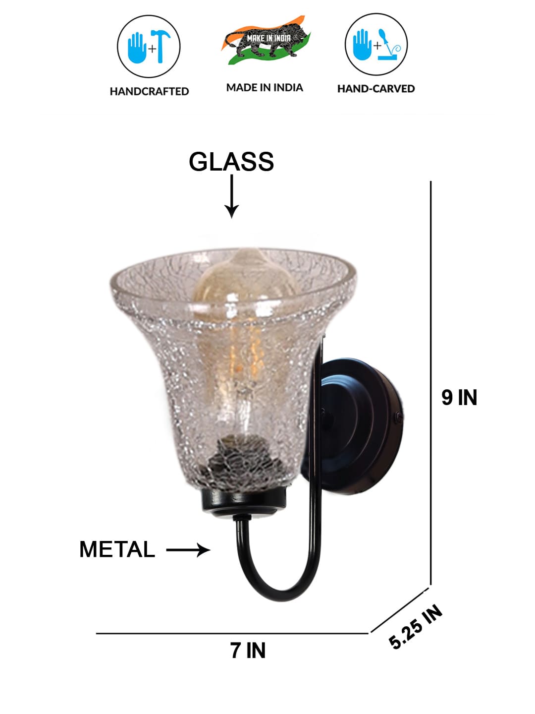 Ambika Home Black wall mounted lamp with Transparent Crinkle Glass | Modern Wall Light for Living Room Bedroom Hallway Lobby Staircase | Decorative Indoor Wall Sconce - Image 7