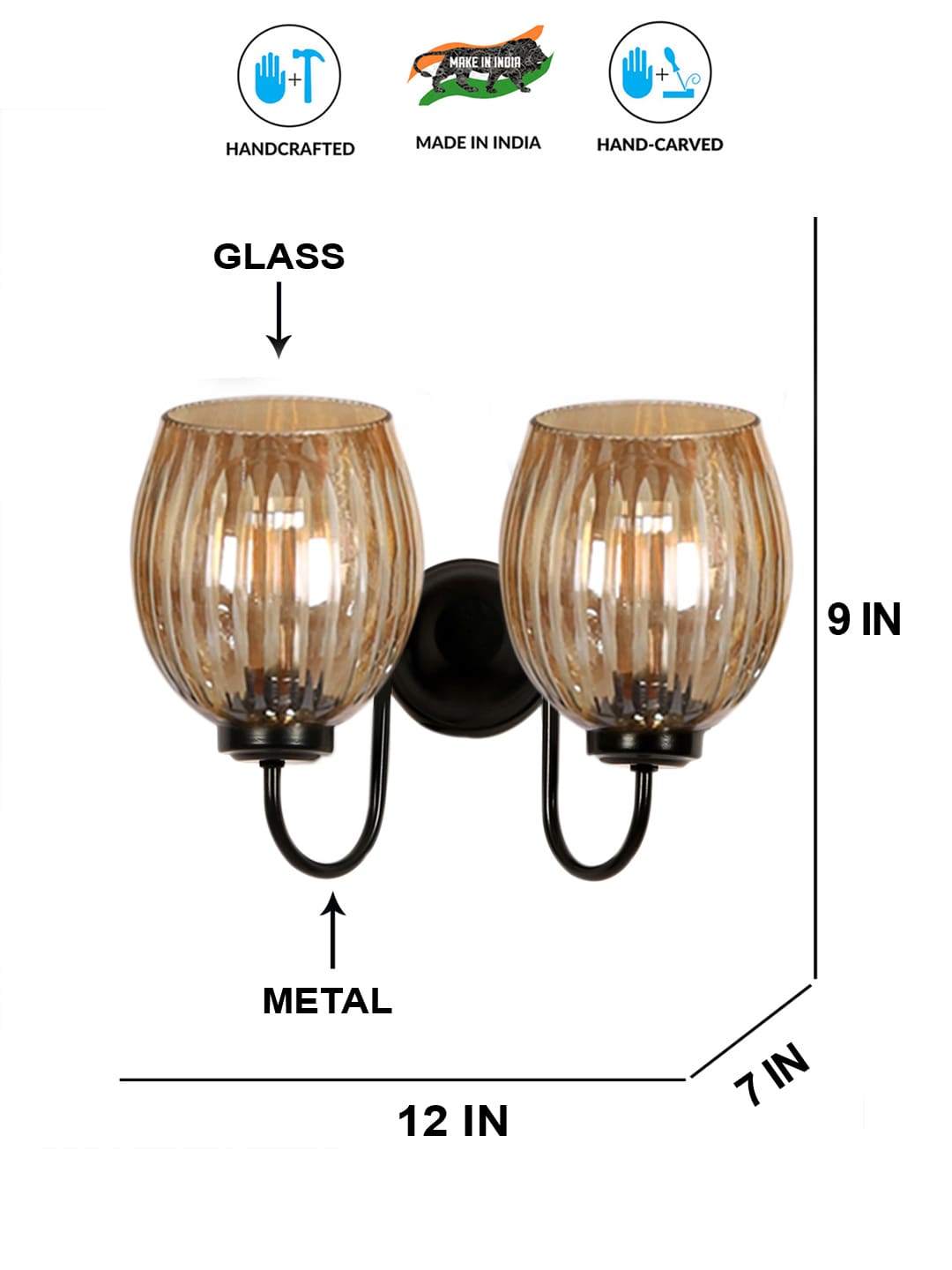 Ambika Home Dual Wall mounted Black lamp with Diamond Cut Smoke Glass | Modern Wall Light for Living Room Bedroom Hallway Lobby Staircase | Decorative Indoor Wall Sconce - Image 7