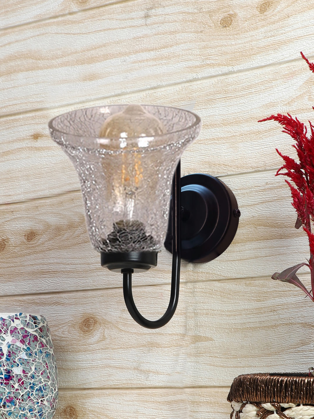 Ambika Home Black wall mounted lamp with Transparent Crinkle Glass | Modern Wall Light for Living Room Bedroom Hallway Lobby Staircase | Decorative Indoor Wall Sconce - Image 4
