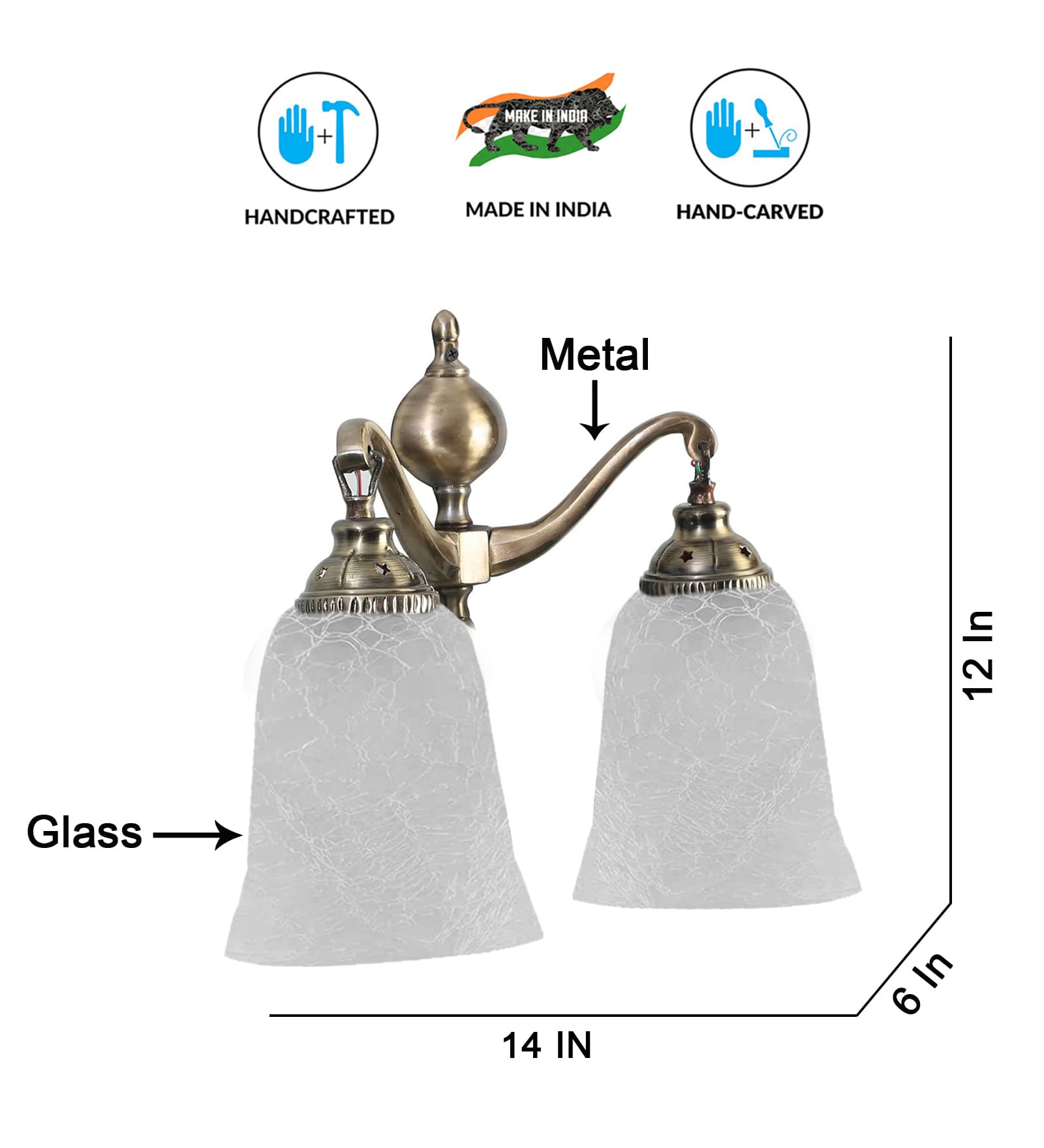 Ambika Home Dual Wall mounted Antique Gold lamp with White Milky Crinkle Glass | Modern Wall Light for Living Room Bedroom Hallway Lobby Staircase | Decorative Indoor Wall Sconce - Image 3