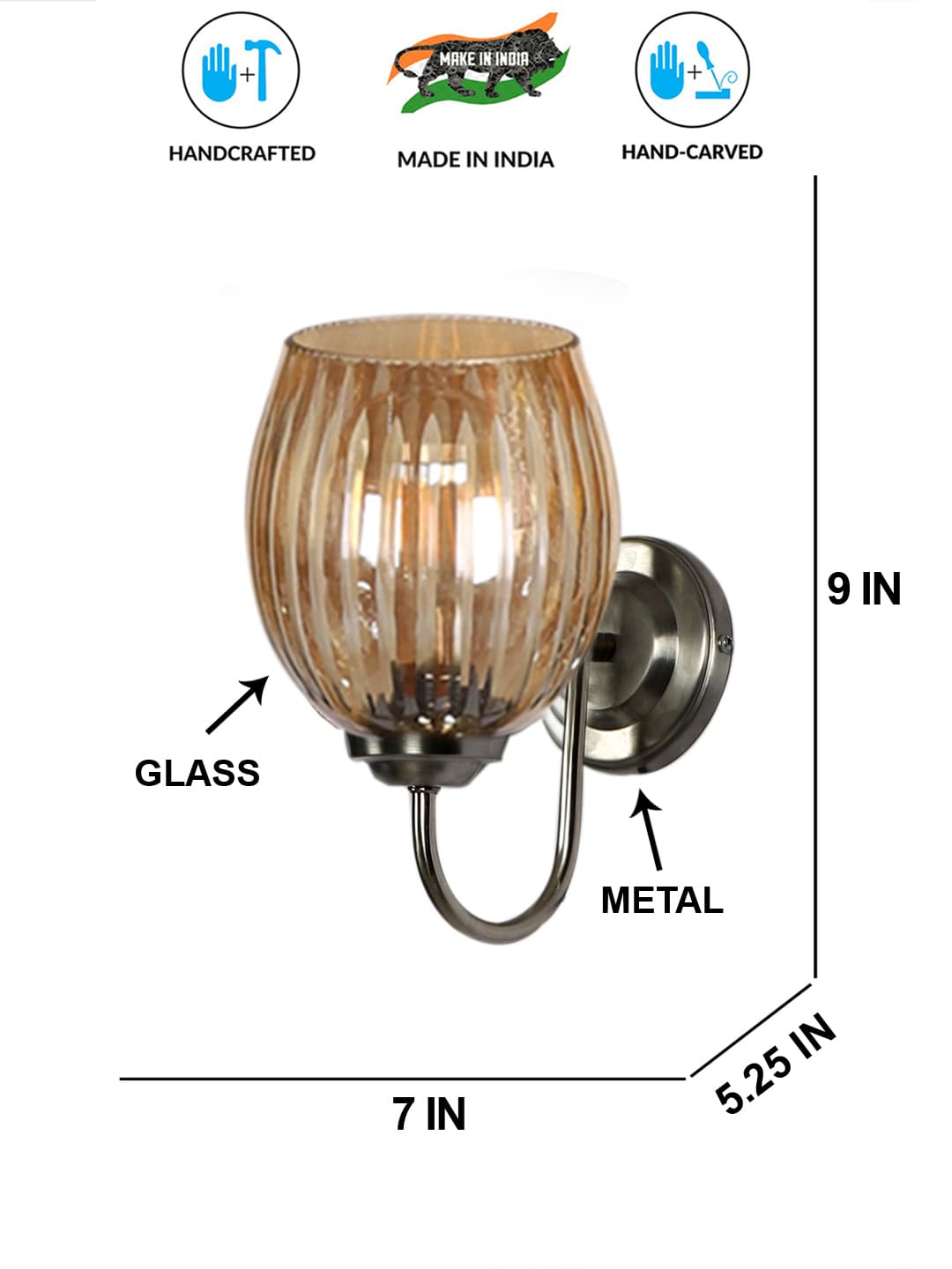 Ambika Home Steel wall mounted lamp with Diamond Cut Smoke Glass | Modern Wall Light for Living Room Bedroom Hallway Lobby Staircase | Decorative Indoor Wall Sconce - Image 5