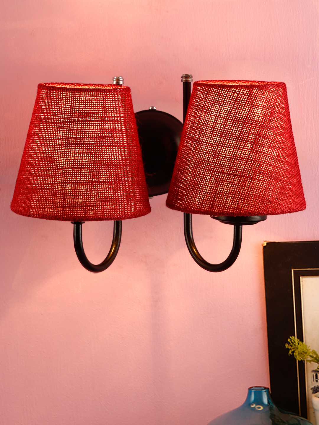 Ambika Home Dual Maroon Jute Wall Mounted Lamp Iron Base Decorative Wall Lamp for Living Room, Bedroom & Hallway