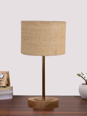 Ambika Home Luxury Premium Devansh Beige Jute table lamp with  Natural  Wood Base  & Golden Pipe (7X17 inches)-9 Lamp with Beige Shade for Living Room, Bedroom & Hallway
