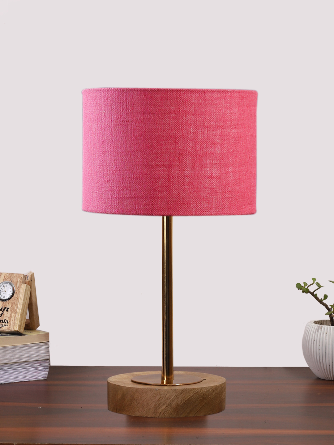Ambika Home Luxury Premium Devansh Pink Jute table lamp with Natural Wood Base & Golden Pipe (7X17 inches)-11 Lamp with Pink Shade for Living Room, Bedroom & Hallway