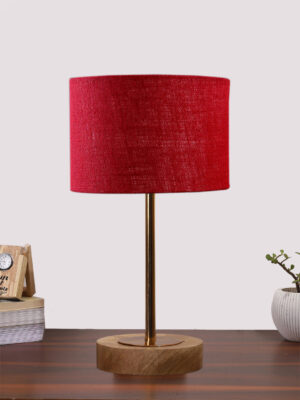 Ambika Home Luxury Premium Devansh Maroon Jute table lamp with g Natural  Wood Base  & Golden Pipe -(7X17 inches)-12 Lamp with Maroon Shade for Living Room, Bedroom & Hallway