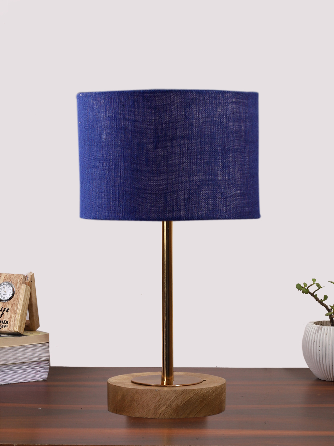 Ambika Home Luxury Premium Devansh Blue Jute table lamp with Natural Wood Base & Golden Pipe (7X17 inches)-13 Lamp with Blue Shade for Living Room, Bedroom & Hallway