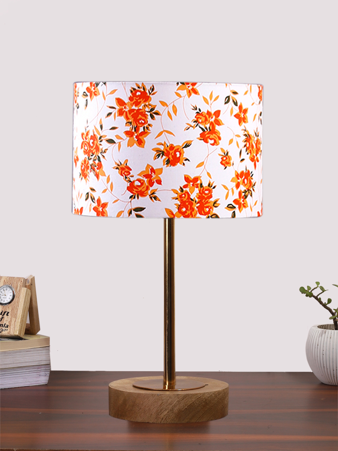 Ambika Home Luxury Premium Devansh Multicolor cotton table lamp with Natural Wood Base & Golden Pipe (7X17 inches)-14 Lamp with Multicolor Shade for Living Room, Bedroom & Hallway