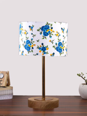 Ambika Home Luxury Premium Devansh Multicolor cotton table lamp with  Natural  Wood Base  & Golden Pipe (7X17 inches)-15 Lamp with Multicolor Shade for Living Room, Bedroom & Hallway