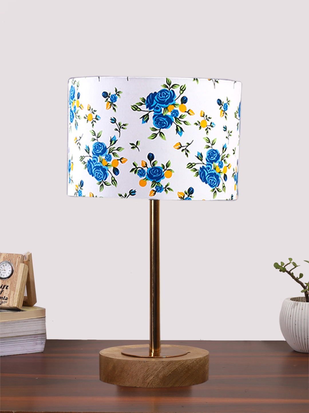 Ambika Home Luxury Premium Devansh Multicolor cotton table lamp with Natural Wood Base & Golden Pipe (7X17 inches)-15 Lamp with Multicolor Shade for Living Room, Bedroom & Hallway