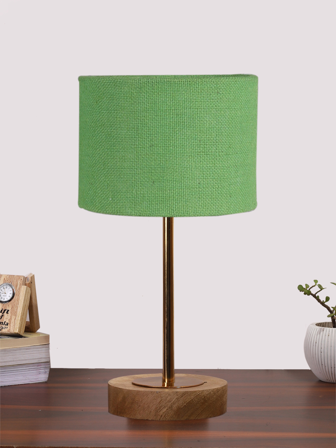 Ambika Home Luxury Premium Devansh Green Jute table lamp with Natural Wood Base & Golden Pipe (7X17 inches)-17 Lamp with Green Shade for Living Room, Bedroom & Hallway