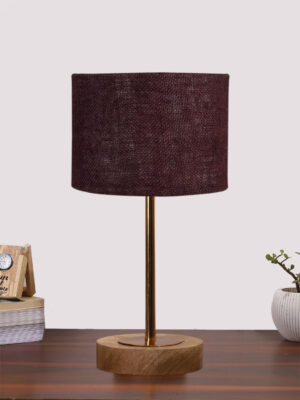 Ambika Home Luxury Premium Devansh Brown Jute   table lamp with  Natural  Wood Base  & Golden Pipe (7X17 inches)-17 Lamp with Brown Shade for Living Room, Bedroom & Hallway