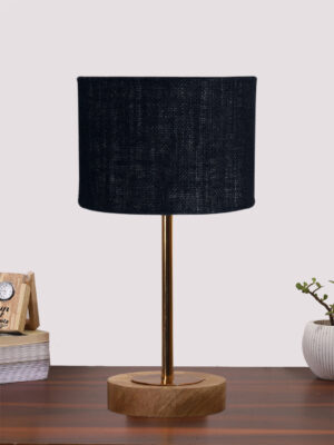 Ambika Home Luxury Premium Devansh Black  Jute   table lamp with  Natural  Wood Base  & Golden Pipe (7X17 inches)-17 Lamp with Black Shade for Living Room, Bedroom & Hallway