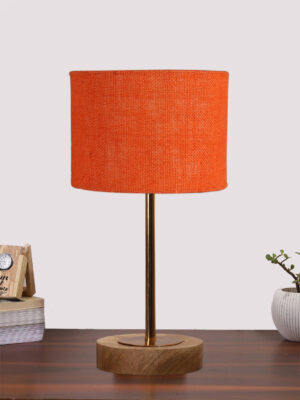 Ambika Home Luxury Premium Devansh Orange  Jute   table lamp with  Natural  Wood Base  & Golden Pipe (7X17 inches)-17 Lamp with Orange Shade for Living Room, Bedroom & Hallway