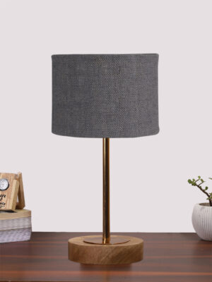 Ambika Home Luxury Premium Devansh Grey Jute   table lamp with  Natural  Wood Base  & Golden Pipe (7X17 inches)-17 Lamp with Grey Shade for Living Room, Bedroom & Hallway