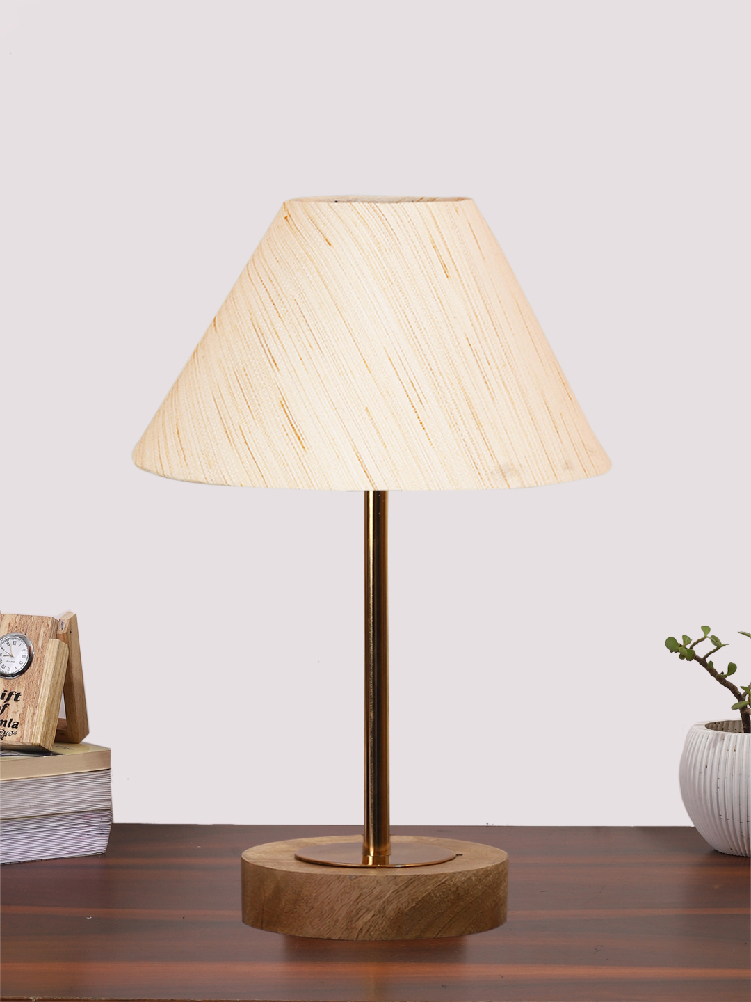 Ambika Home Luxury Premium Devansh off white cotton table lamp with Natural Wood Base & Golden Pipe (10X16.25 inches)-27 Lamp with off-white Shade for Living Room, Bedroom & Hallway