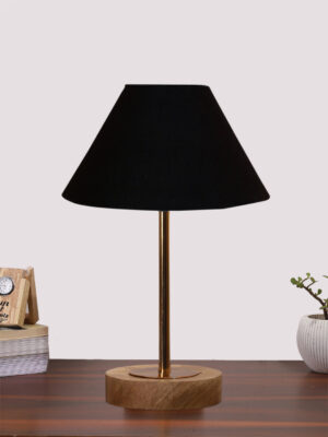 Ambika Home Luxury Premium Devansh Black cotton table lamp with  Natural  Wood Base  & Golden Pipe (10X16.25 inches)-28 Lamp with Black Shade for Living Room, Bedroom & Hallway