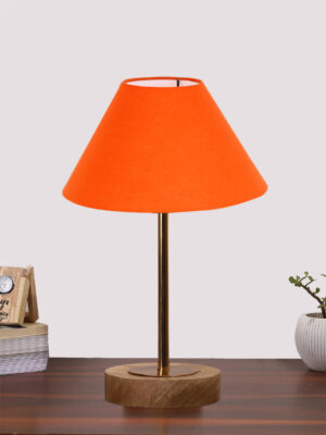 Ambika Home Luxury Premium Devansh Orange cotton table lamp with  Natural  Wood Base  & Golden Pipe -(10X16.25 inches)-30 Lamp with Orange Shade for Living Room, Bedroom & Hallway