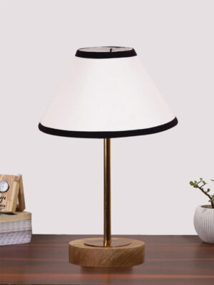 Ambika Home Luxury Premium Devansh Multicolor cotton table lamp with  Natural  Wood Base  & Golden Pipe (10X16.25 inches)-33 Lamp with Multicolor Shade for Living Room, Bedroom & Hallway