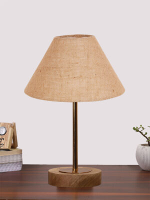 Ambika Home Luxury Premium Devansh Beige Jute table lamp with  Natural  Wood Base  & Golden Pipe  & Golden Pipe (10X16.25 inches)-34 Lamp with Beige Shade for Living Room, Bedroom & Hallway